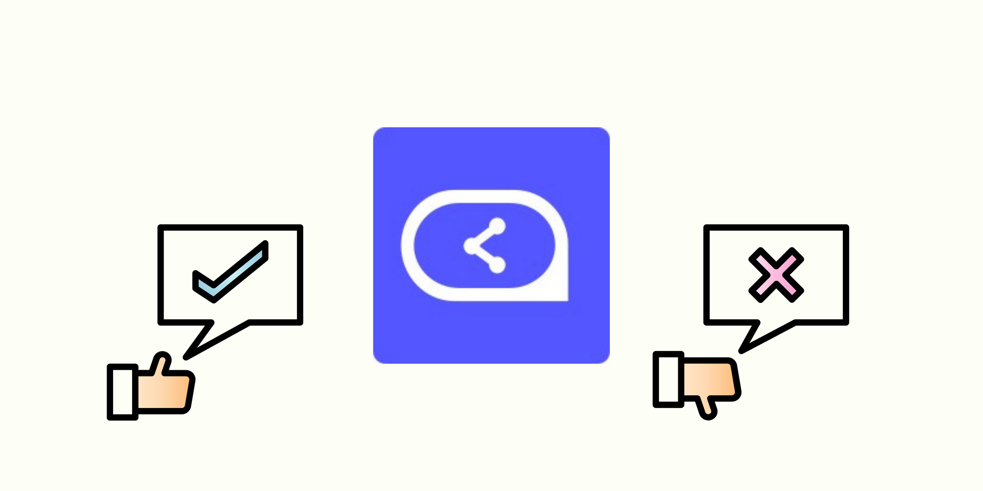 Sleeknote icon, check and x icons with thumbs-up & thumbs-down on blue backgroun to talk about the pros and cons of Sleeknote