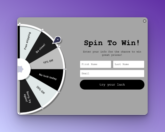 Privy email popup with spin-to-win on purple background