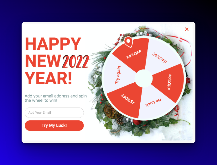 Adoric's new year popup with wheel and email on dark blue background