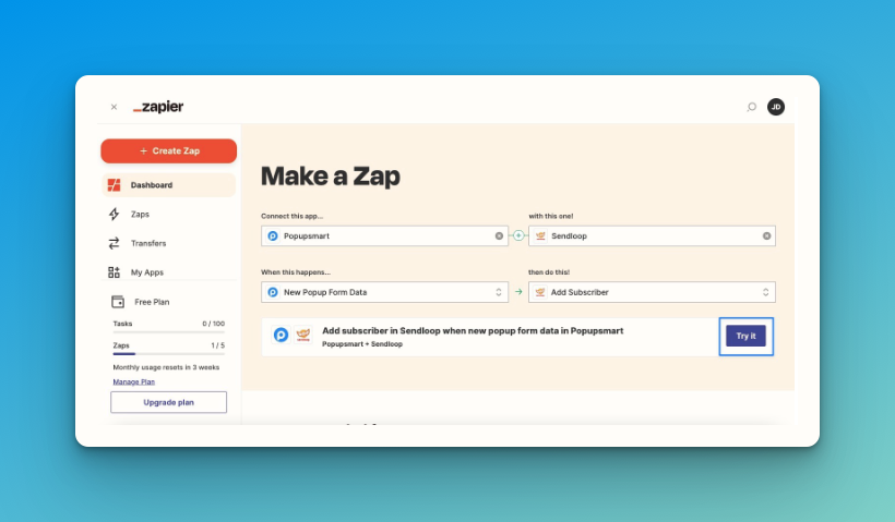 Connecting the two tools on the Zapier 'Make a Zap' step to try on blue background