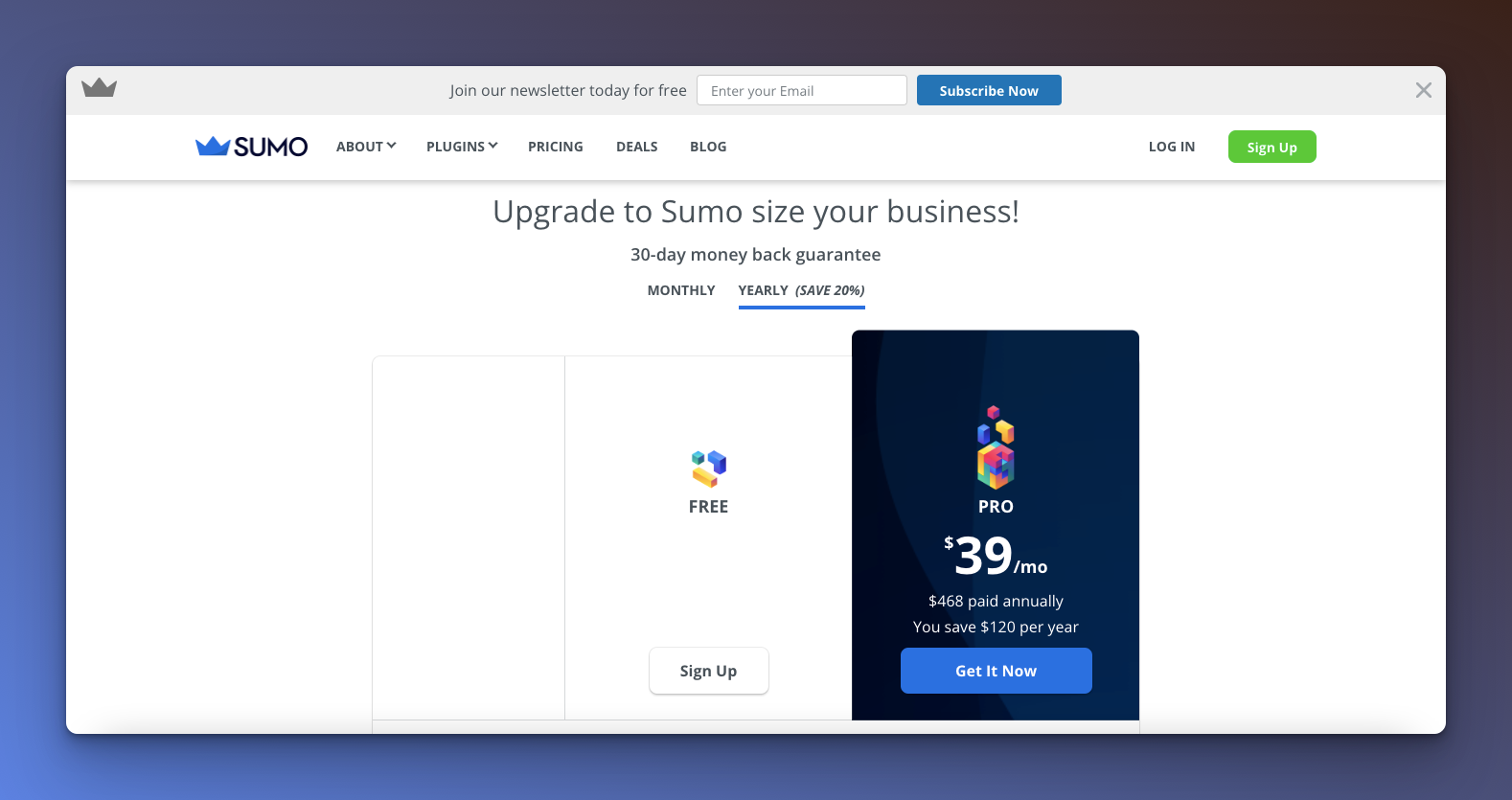 The above-the-fold part of Sumo's pricing page