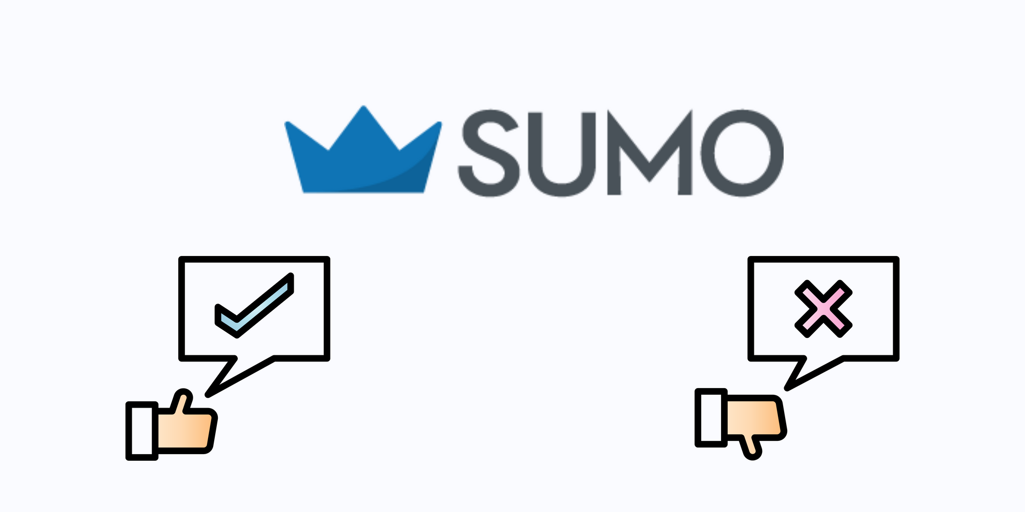 Sumo icon, check and x icons with thumbs-up & thumbs-down on blue background to talk about the pros and cons