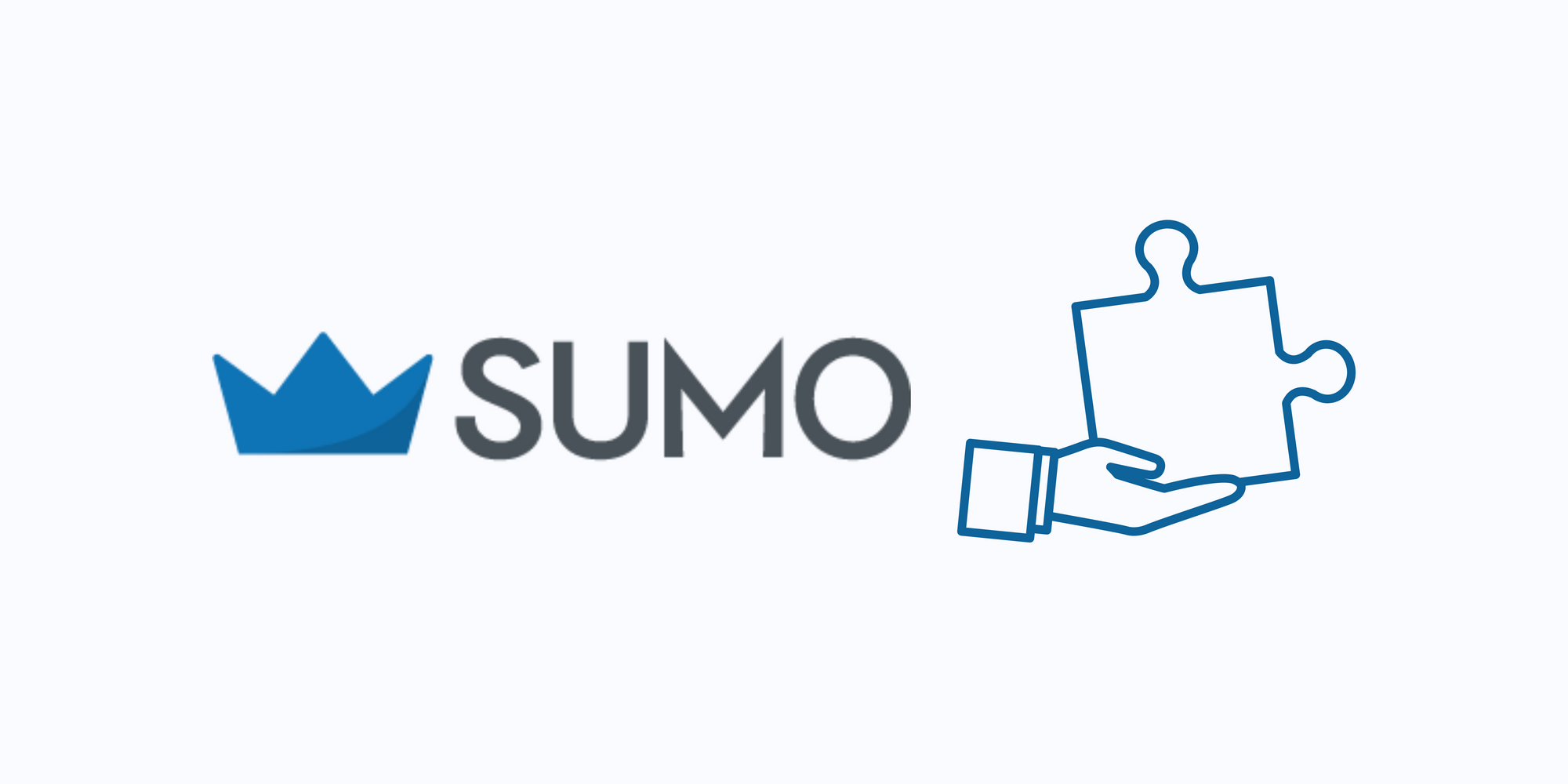 Sumo icon and a hand holding a jigsaw piece on blue background