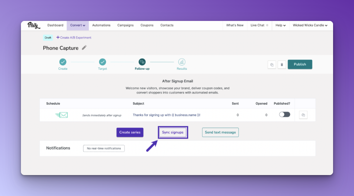 Privy dashboard's Sync signups button on purple background