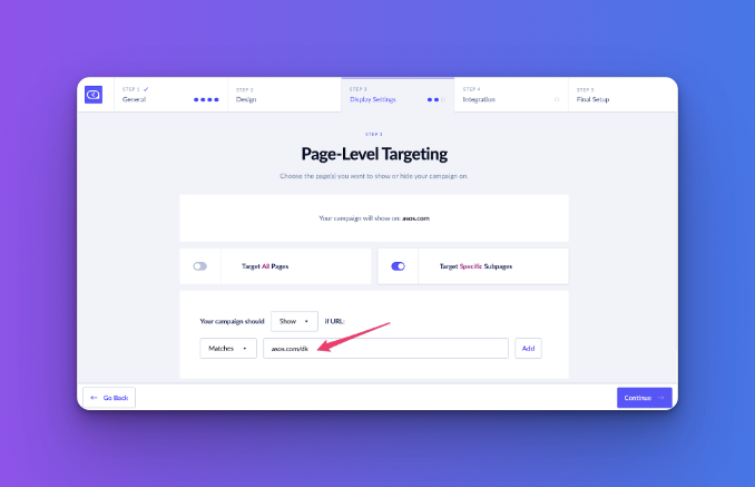 Sleeknote Page-Level Targeting and URL matching on a purple background