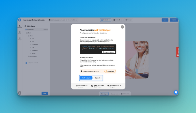 Choosing to verify website icon after creating a campaign on Popupsmart