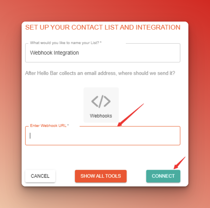 entering Webhook URL and connecting the integration on red background