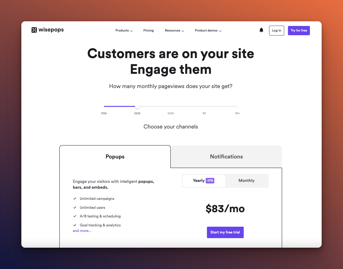 The above-the-fold part of Wisepops' pricing page