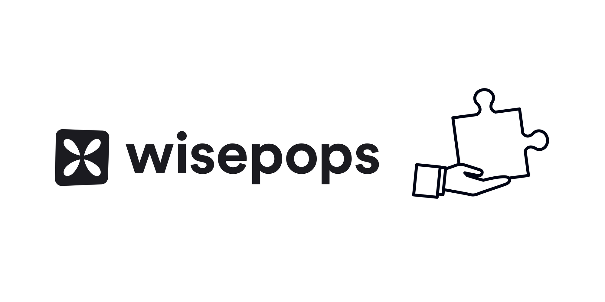 Wisepops icon and a hand holding a jigsaw piece on white background