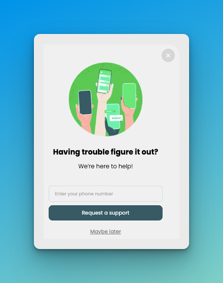 Support request popup of Popupsmart on bluish background