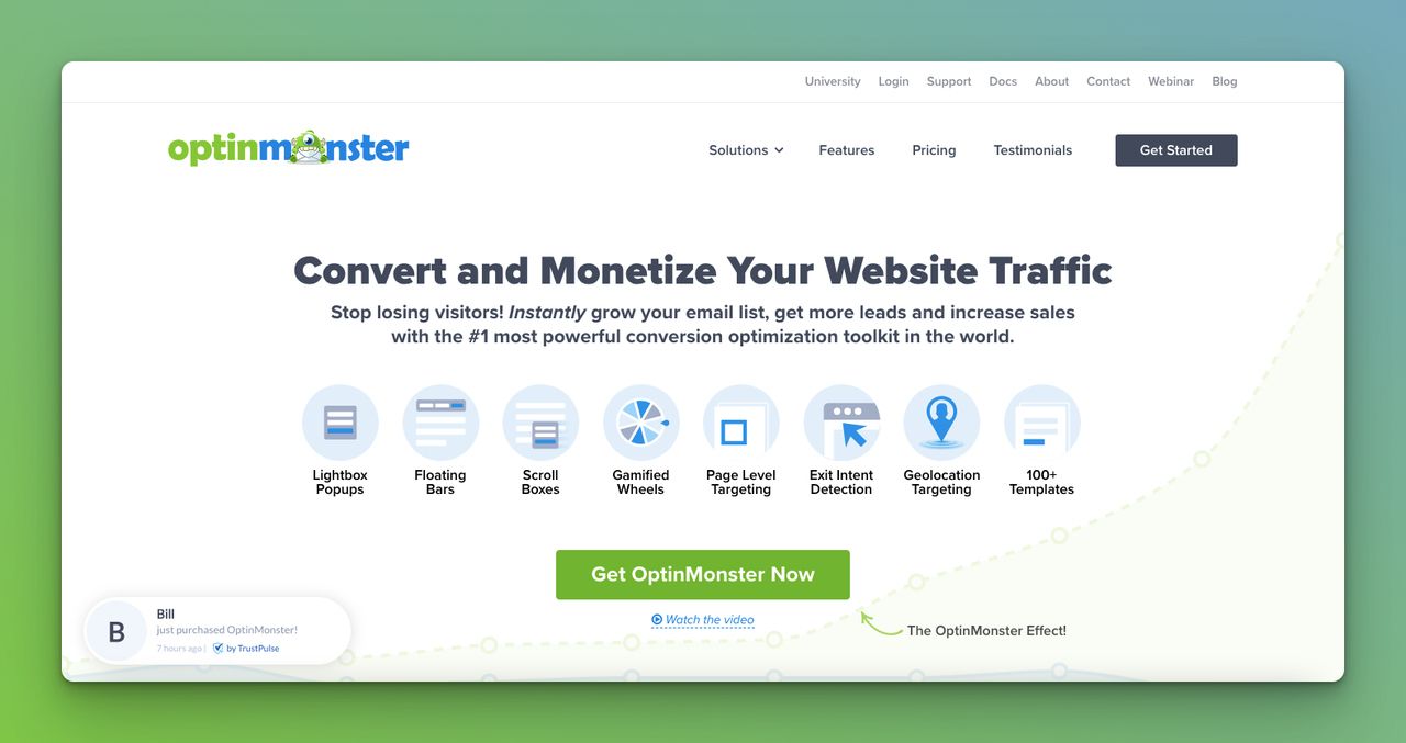 the homepage of OptinMonster on a green background with related icons on its homepage