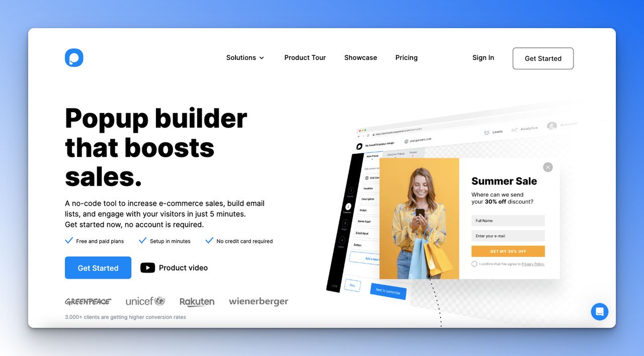 the homepage of Popupsmart on a blue background as the best popup builder option for WordPress