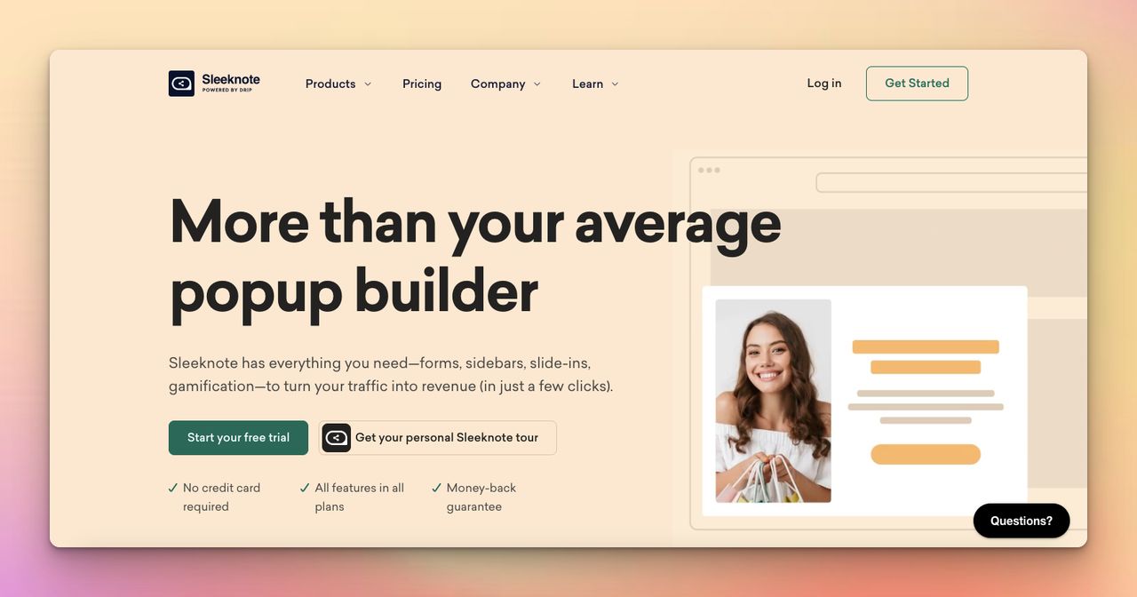 the homepage of Sleeknote on a colorful background for being the one of the best popup builders for WordPress