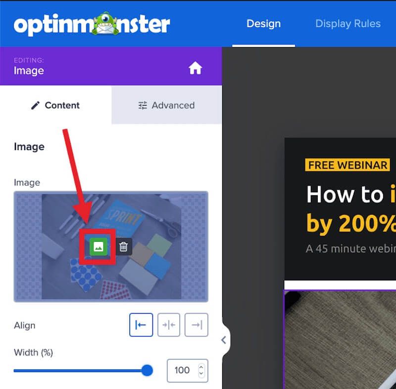 pointing out the image icon on the Image block of OptinMonster popup builder