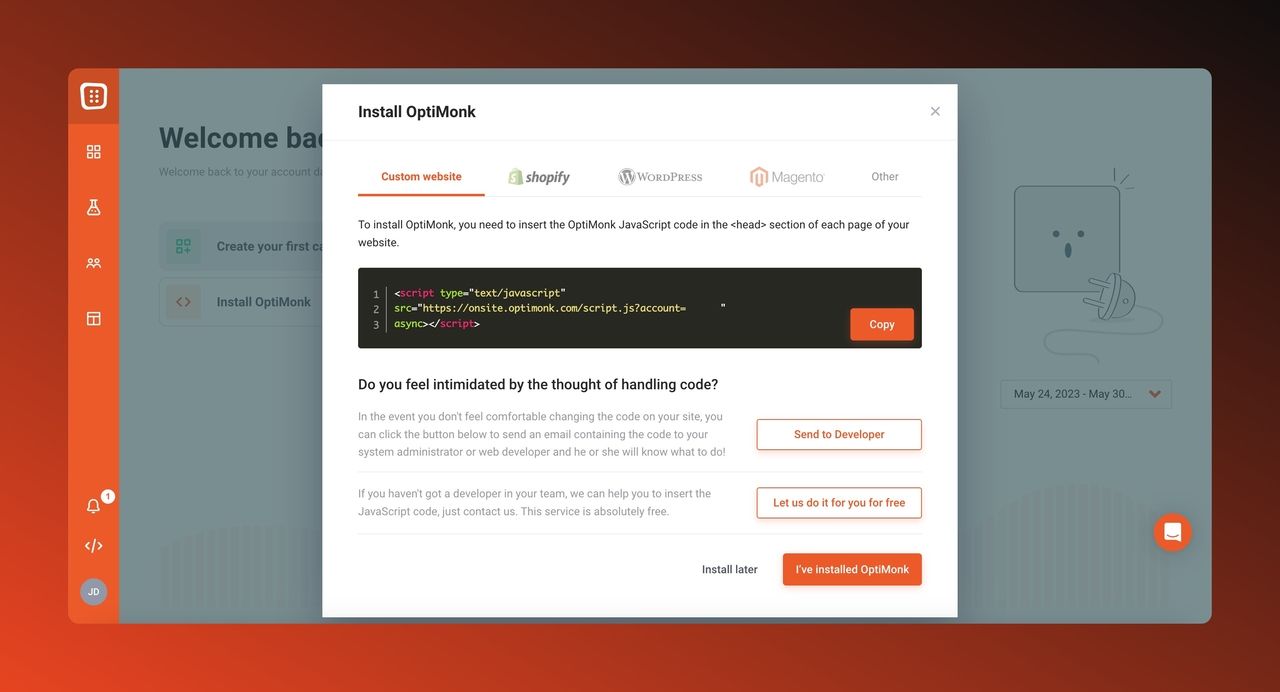 the install code modal of OptiMonk 