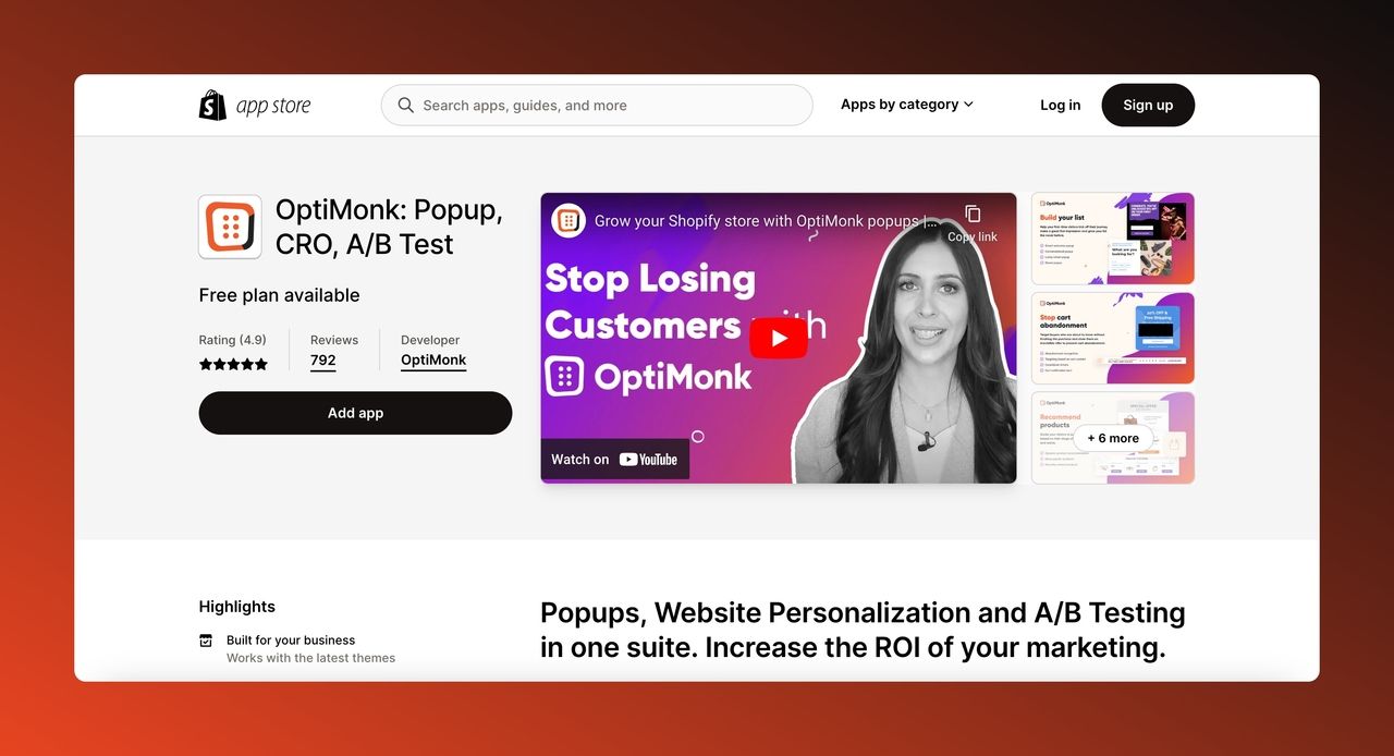 OptiMonk and its details on the Shopify App Store page