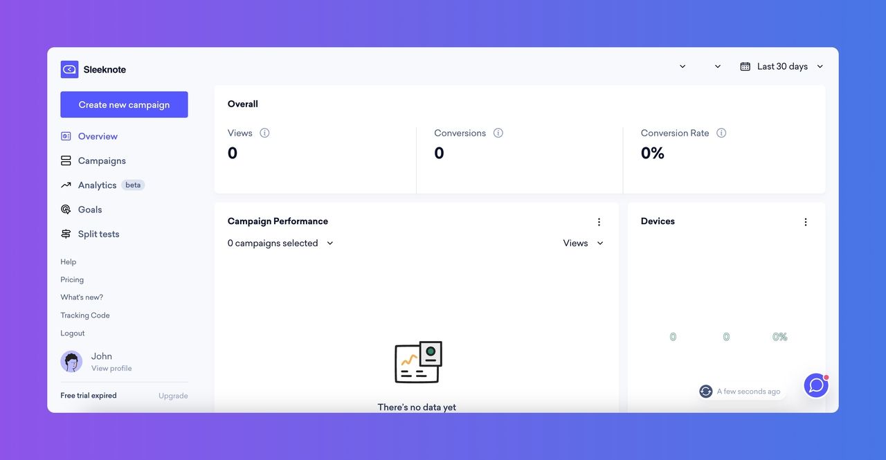 Campaign metrics on the Sleeknote dashboard