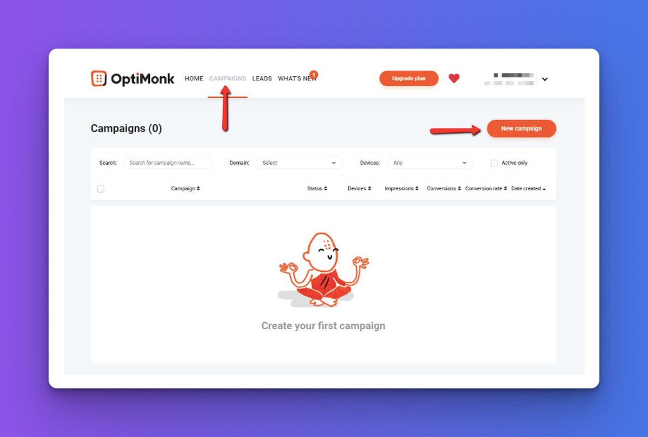 Choosing Campaigns and creating New Campaign on the dashboard of OptiMonk 