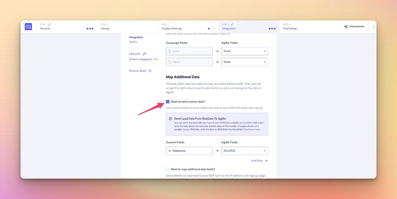 Choosing the custom data confirmation for Map Additional Data of Sleeknote