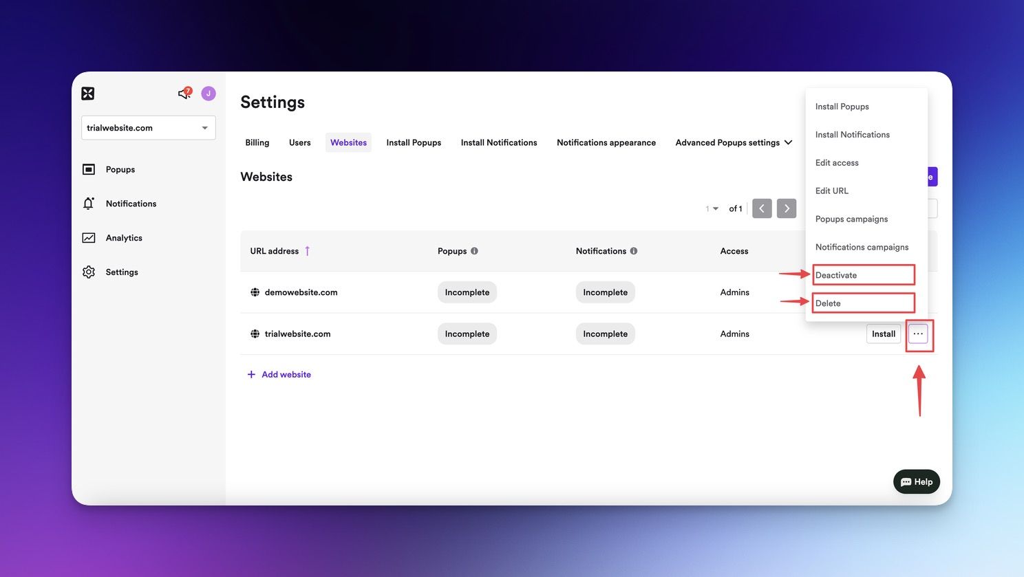 the options of deactivating and deleting the website on the Wisepops dashboard