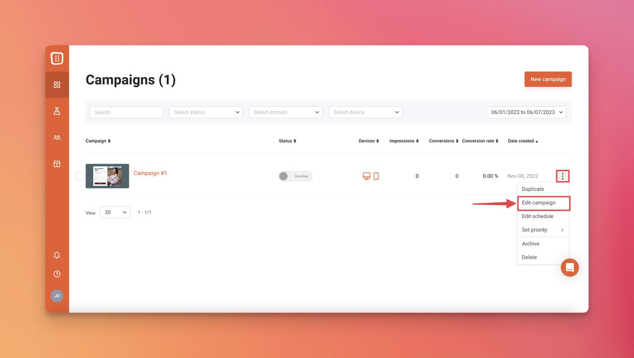 the OptiMonk dashboard to edit campaign, pointing out the three-dot and the options