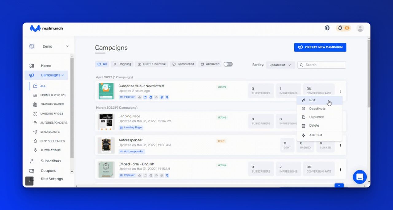 choosing the Edit on the drop-down menu of a campaign on Mailmunch