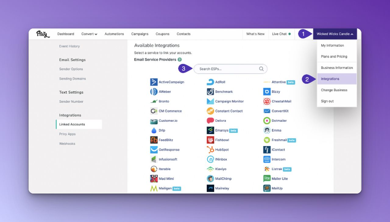 Integrations tab and searching ESP among the choices on the Privy dashboard on purple background