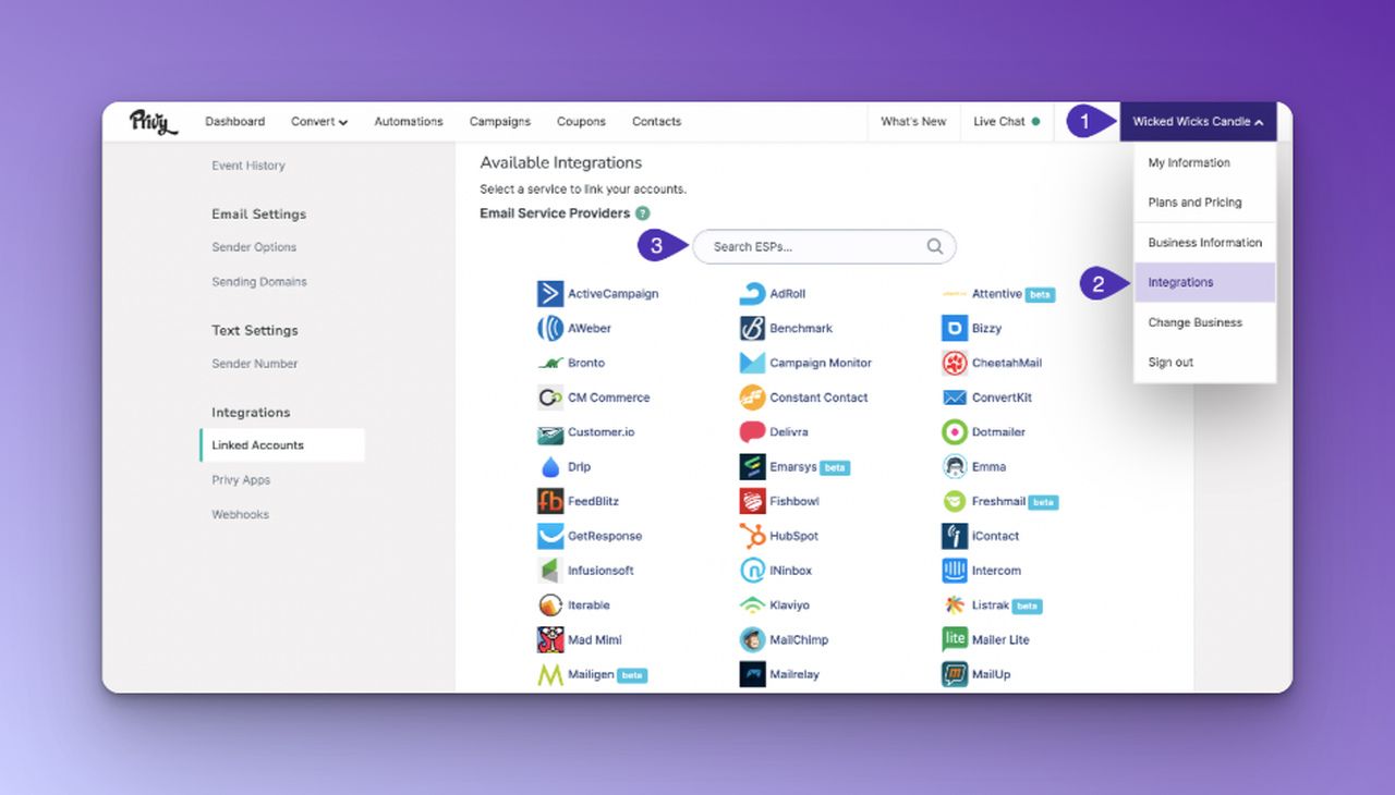 Integrations tab, searching ESP among the choices on the Privy dashboard on purple background