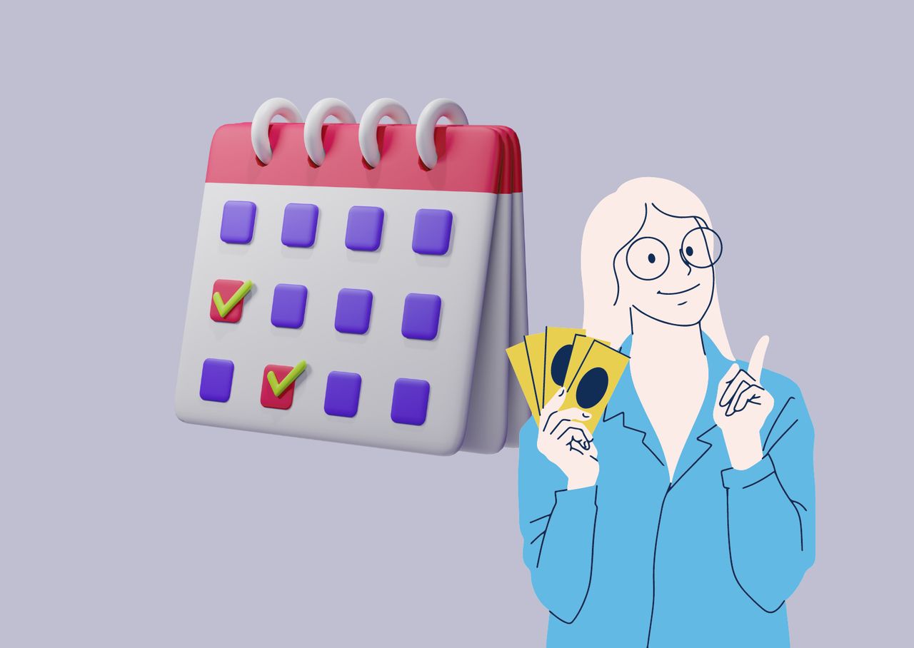 the calendar icon and a female girl holding money 