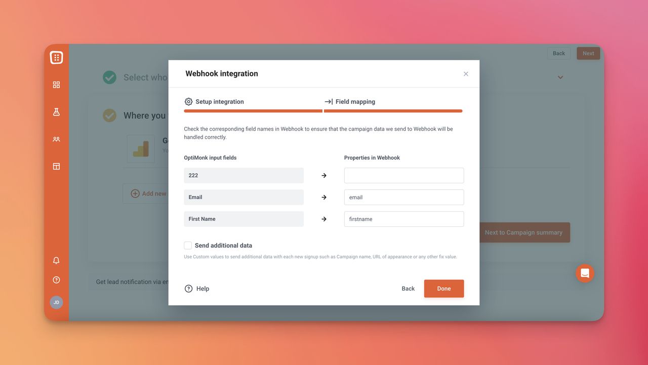 the field mapping tab of the OptiMonk and Webhook integration