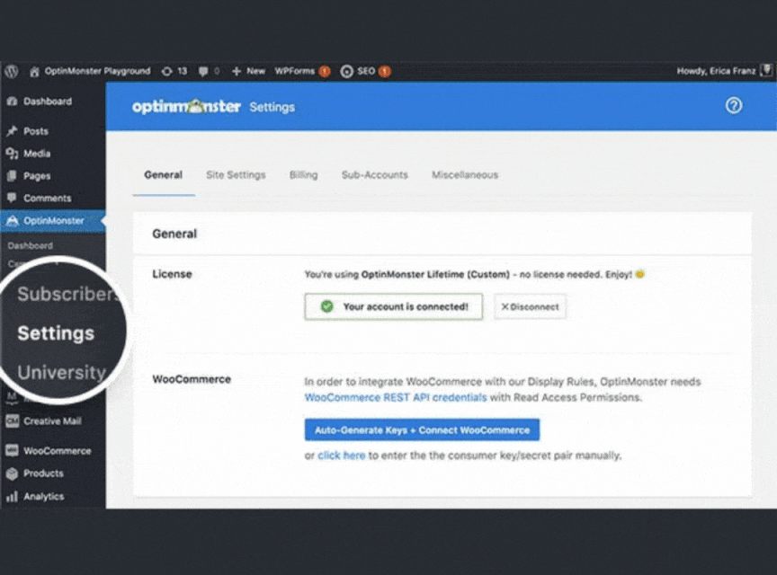The steps of OptinMonster and WooCommerce integration