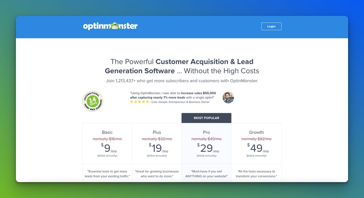 The above-the-fold part of OptinMonster's pricing page