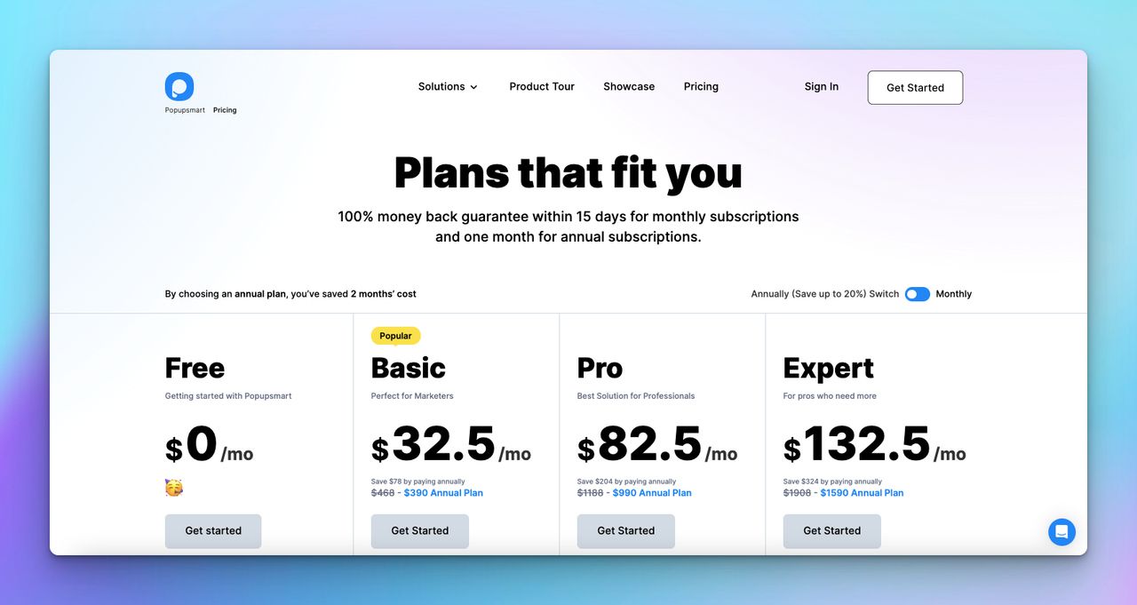 The above-the-fold part of Popupsmart's pricing page