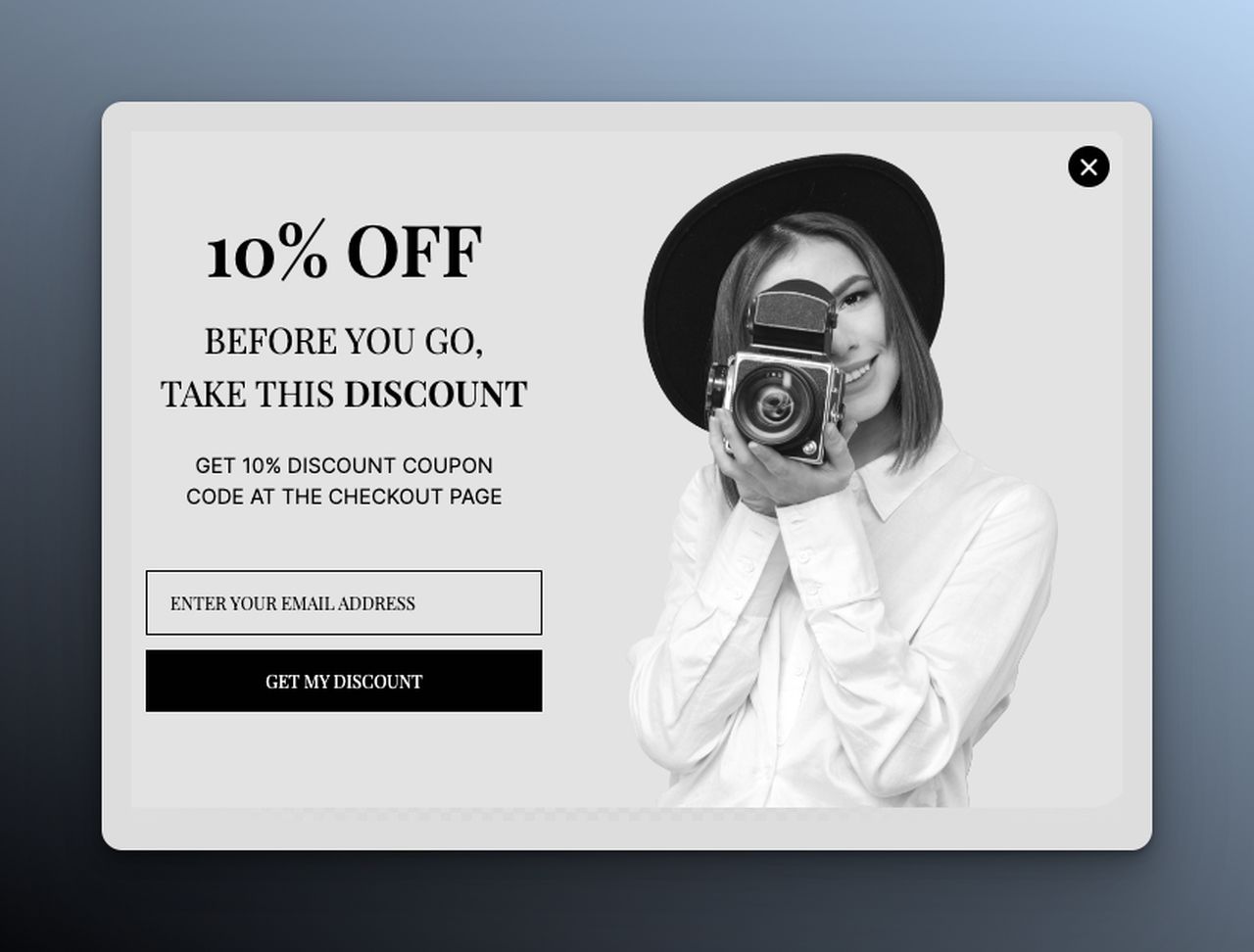 discount popup example with a woman taking photo on icy background