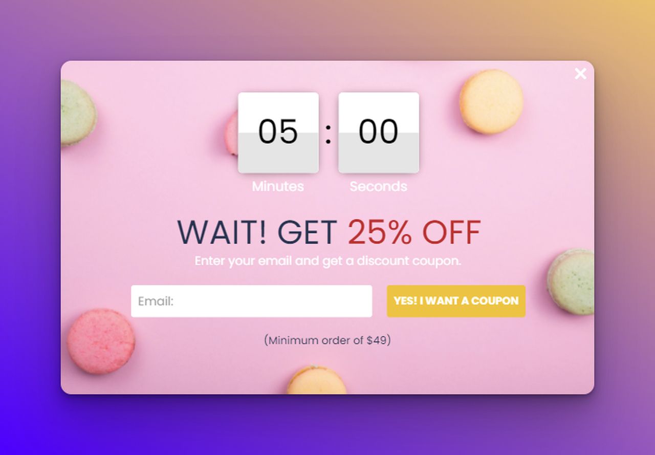 Poptin's countdown popup with email and coupon demand on purple and yellow background